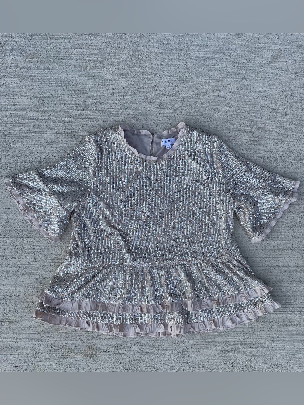 Thml silver sequin ruffle party top blush pink glam blouse small by boho